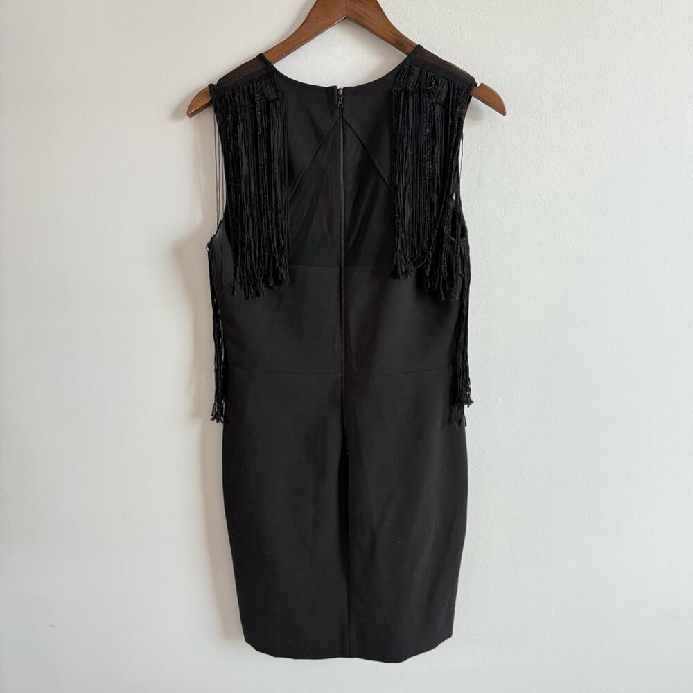 Sandro Paris | Women’s Black Deep V-Neck Mesh & Tassels Fringe Sleeveless Dress - Picture 4 of 14